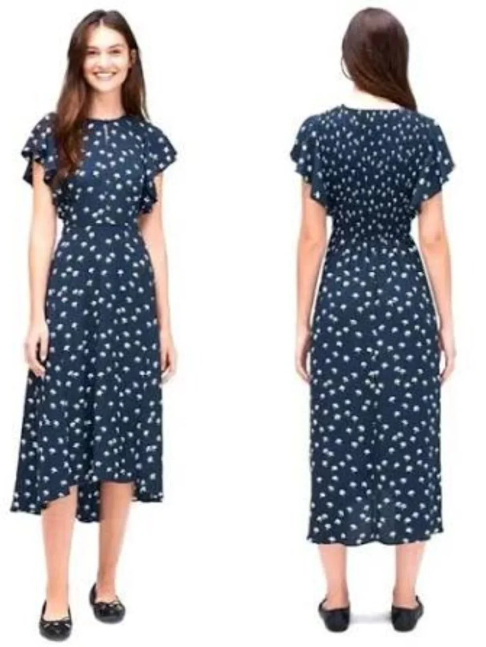 Kate Spade Navy Floral Daisy Toss Flutter Sleeve Midi Dress Size 2 NWOT